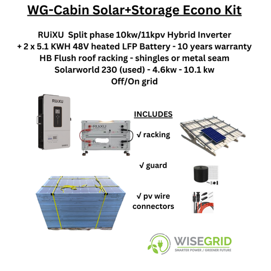 WG-Cabin Solar+ Storage Econo KIt - 10kw inverter, 10.1 kwh LFP, Solarworld 230, racking + acces.